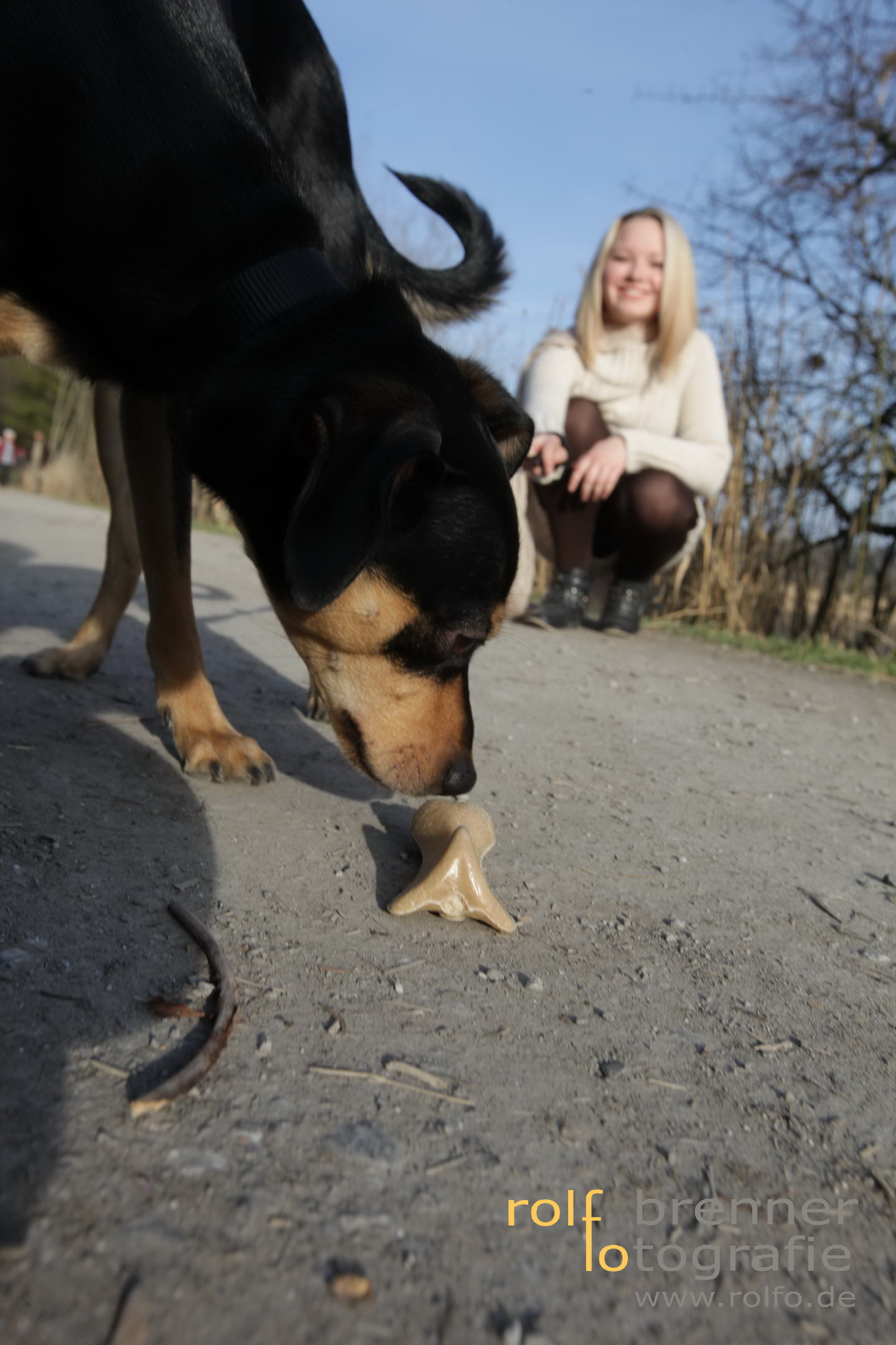 Frau mit Hund am Bachtelweiher in Kempten im Allgäu